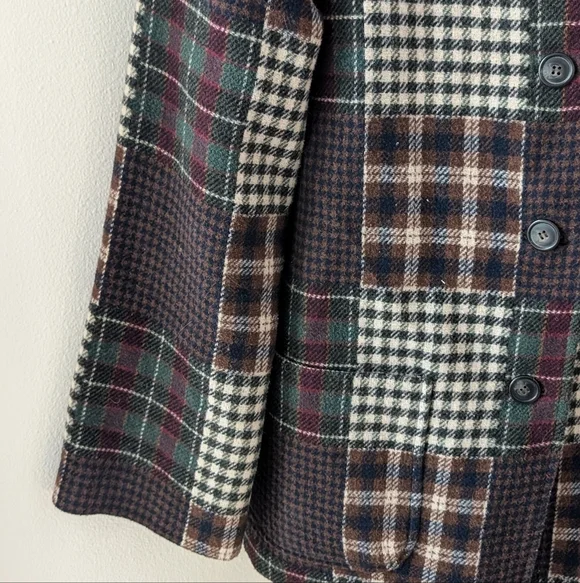 Vintage Wool Plaid Patchwork Button Up Jacket In Burgundy/Brown/Navy